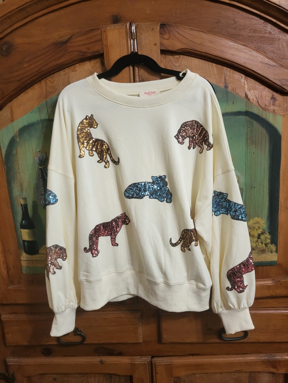 Peach Love Cream Sequin Tiger Cotton Top